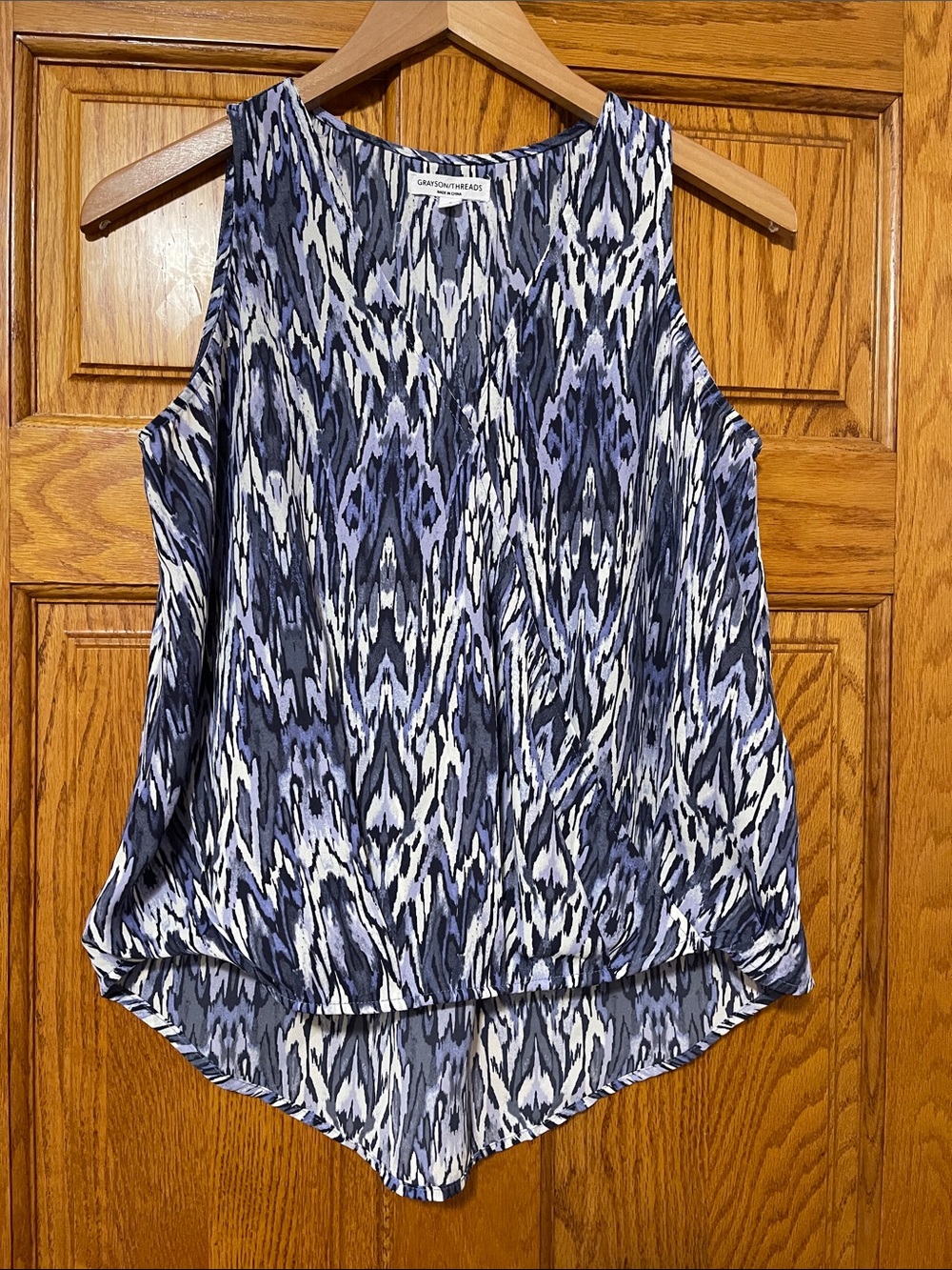 Grayson Threads Blue, Gray & White Printed Sleeveless Tank longer in the back